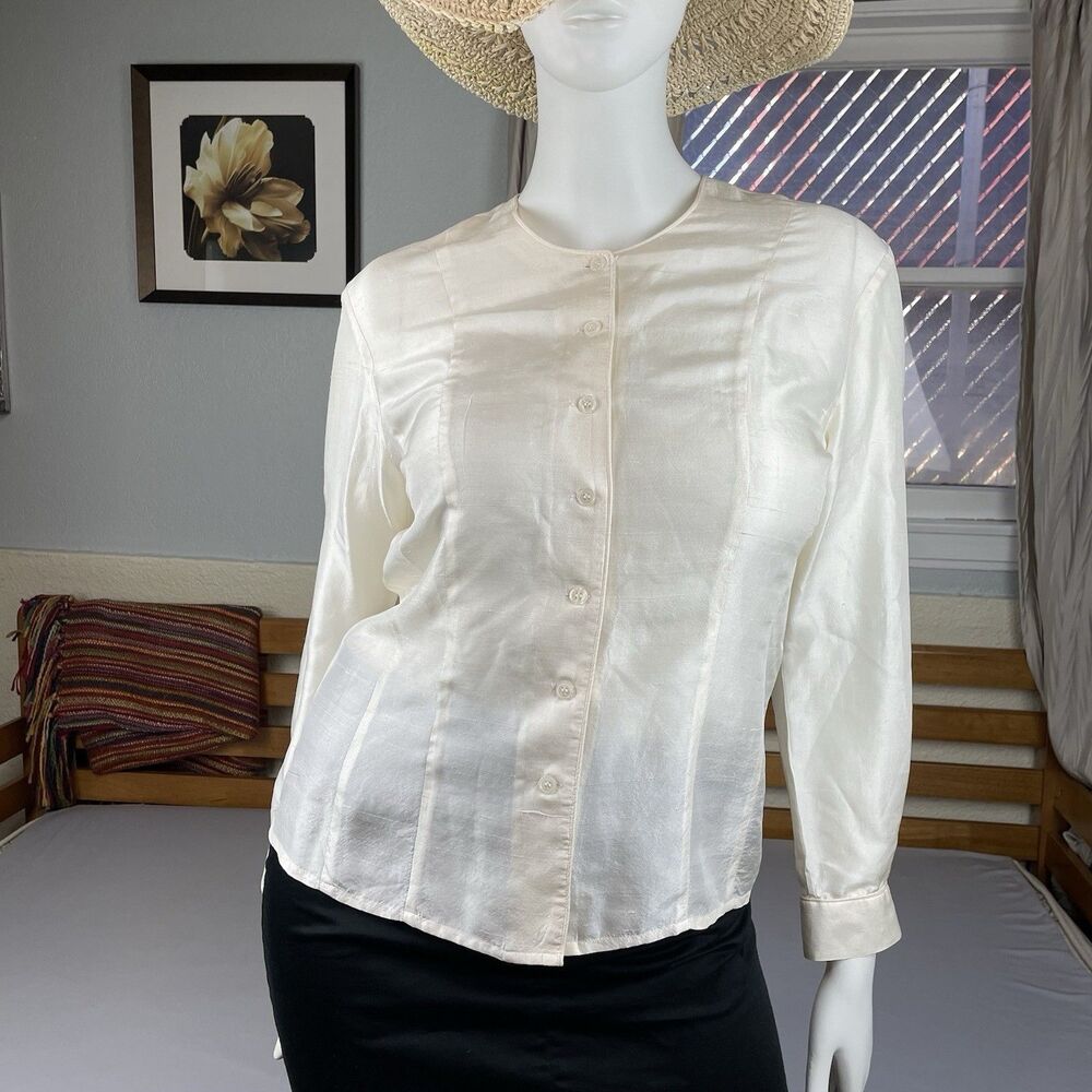 Bogari Studio 100% Silk Cream Long Sleeve Blouse Women’s L Button Up Corpcore